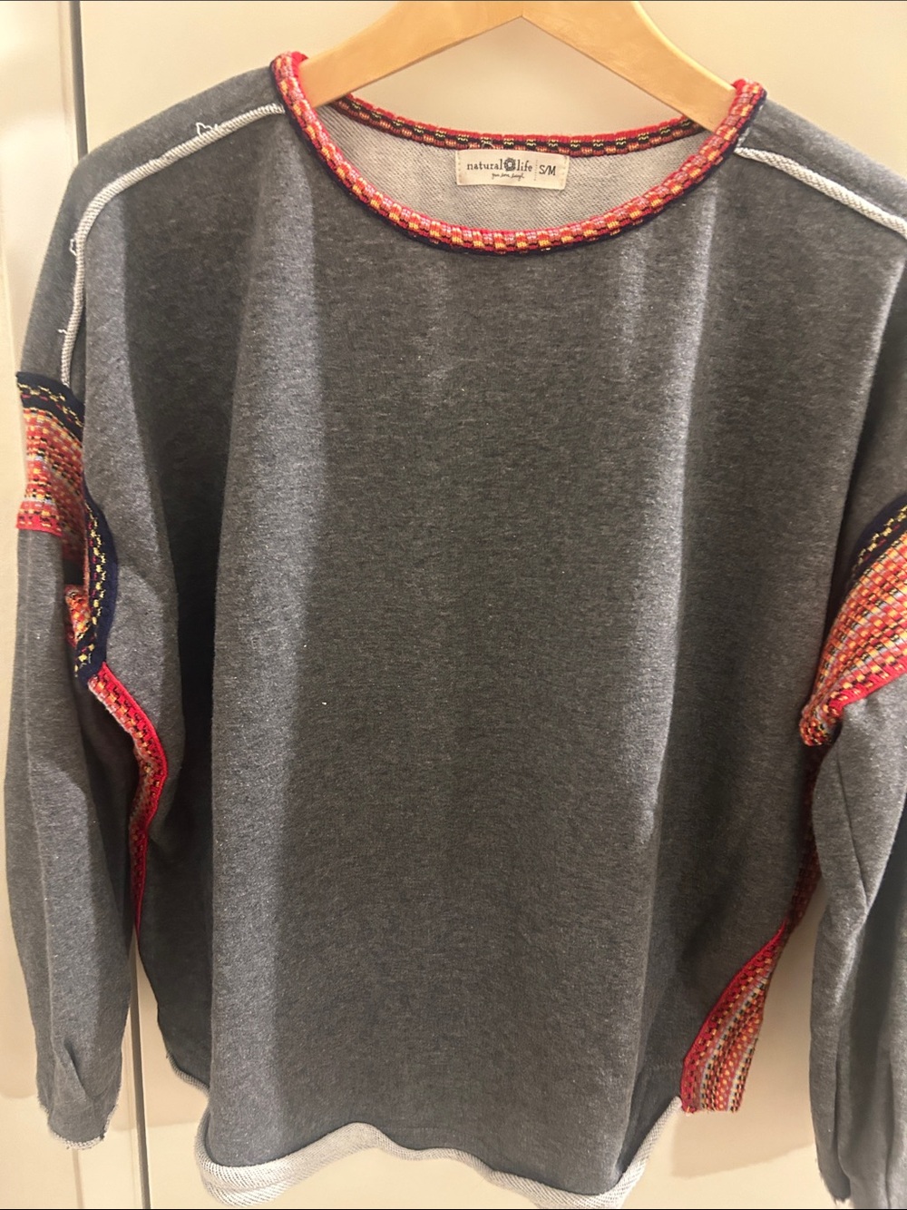 NATURAL LIFE Gray Crewneck Sweater with Multicolor Woven Trim